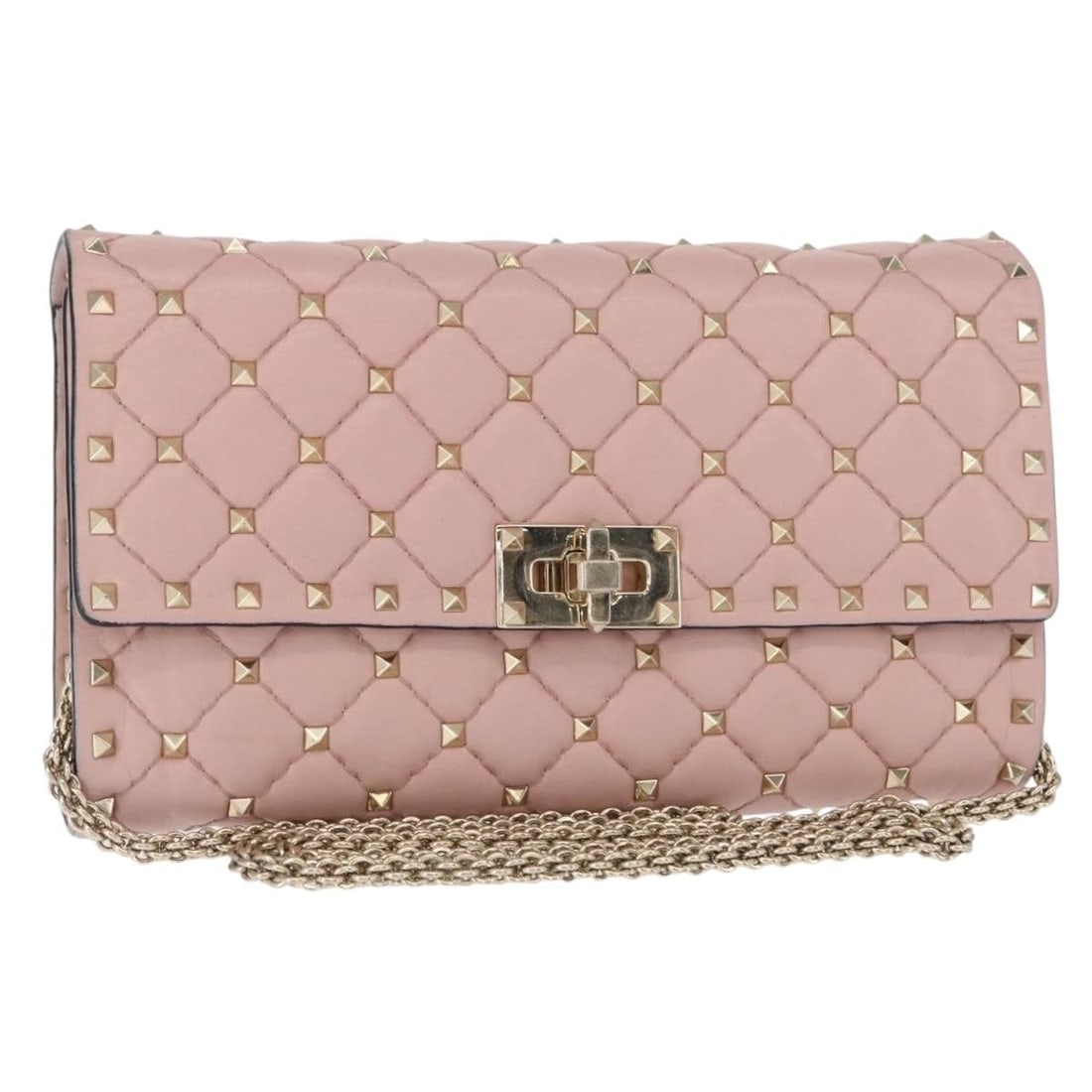 Valentino Pink Leather Chain Shoulder Bag with Gold Accents and Dust Bag: Valentino Pink Leather Chain Shoulder Bag with Gold Accents and Dust Bag This Valentino chain shoulder bag features a pink and gold leather exterior and comes with a matching dust bag. The bag is desi