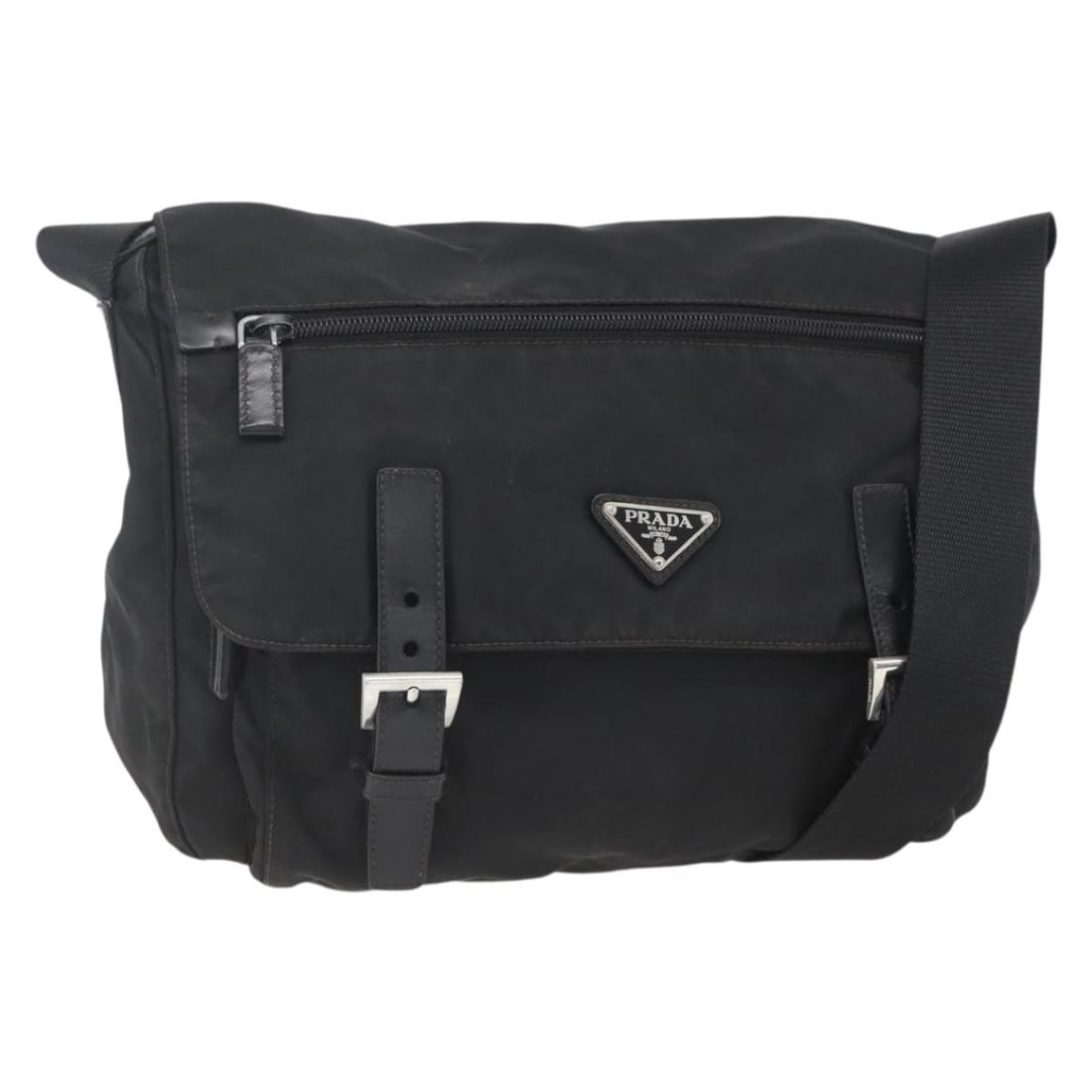 Black Nylon PRADA Shoulder Bag with Silver Accents: Black Nylon PRADA Shoulder Bag with Silver Accents This PRADA shoulder bag features a black nylon exterior with silver-tone accents. Made in Italy, the bag offers a versatile strap drop and practical