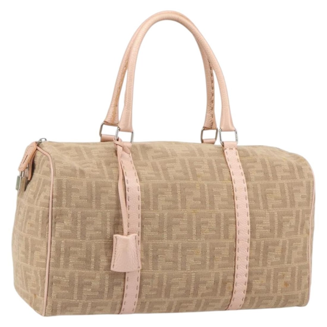 Mini Boston Handbag Zucca Canvas Beige Pink by Fendi with Padlock and Keys: Mini Boston Handbag Zucca Canvas Beige Pink by Fendi with Padlock and Keys This is a FENDI Zucca Canvas Mini Boston Bag featuring a beige and pink color scheme. The bag is crafted in Italy from signat