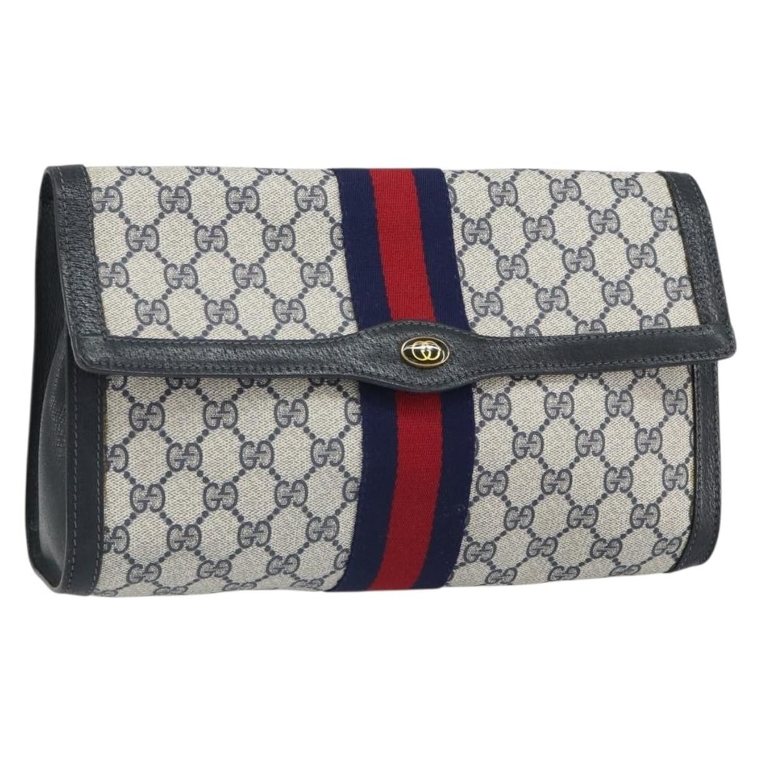 Navy GG Supreme Sherry Line Clutch by Gucci with PVC and Gold Accents 41 014 3087: Navy GG Supreme Sherry Line Clutch by Gucci with PVC and Gold Accents 41 014 3087 This GUCCI GG Supreme Sherry Line clutch bag features a navy and gold color scheme and is crafted from PVC leather and