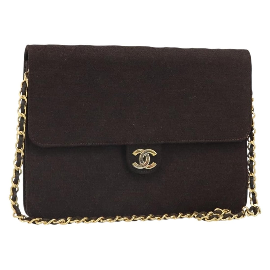 Brown Cotton CHANEL Matelasse Shoulder Bag with Gold Chain and CC Logo: Brown Cotton CHANEL Matelasse Shoulder Bag with Gold Chain and CC Logo This CHANEL Matelasse chain shoulder bag features a brown and gold cotton exterior with signature CC detailing. The bag is made i