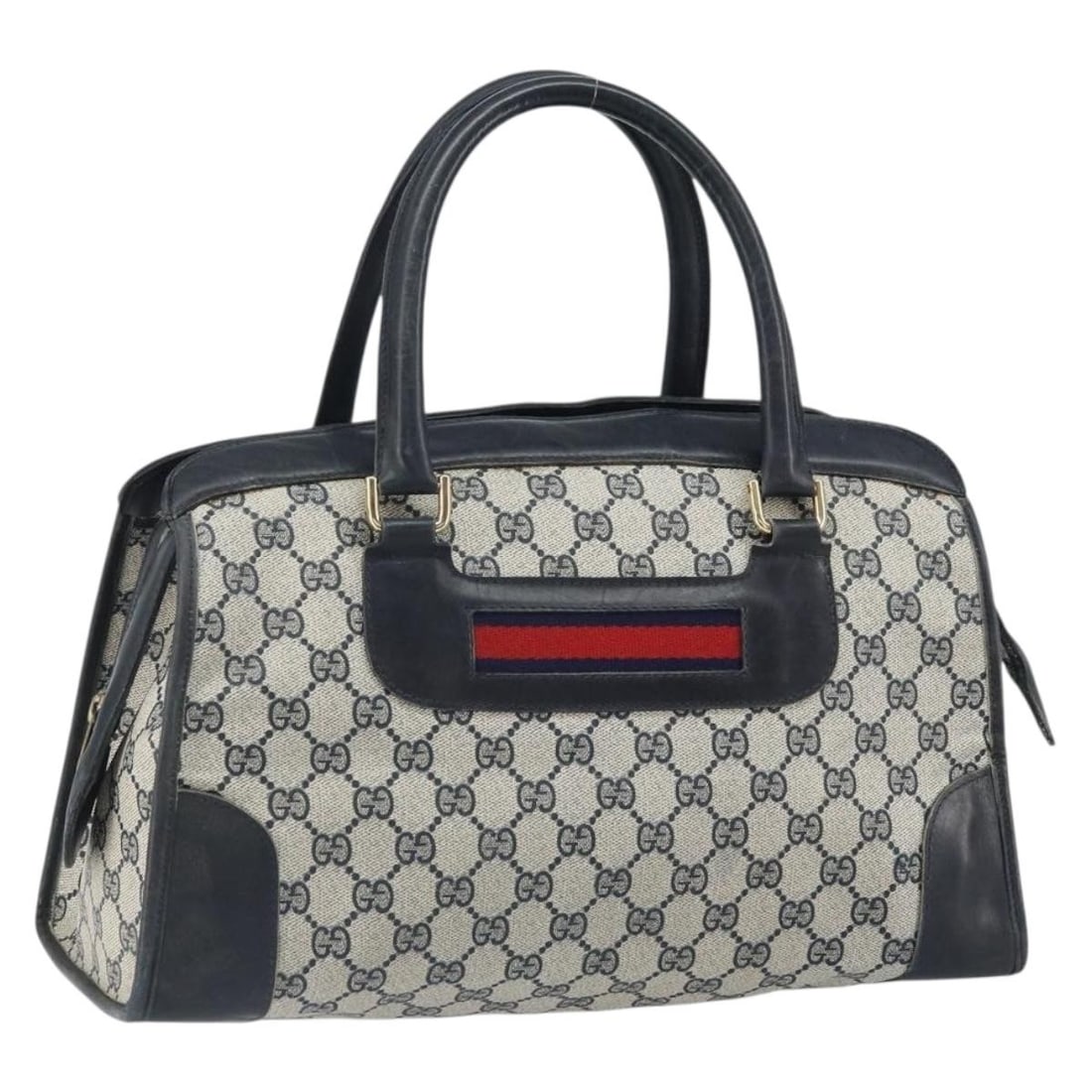 Gucci Boston Bag GG Supreme Sherry Line PVC Leather Navy Gold Italy (1 of 18)