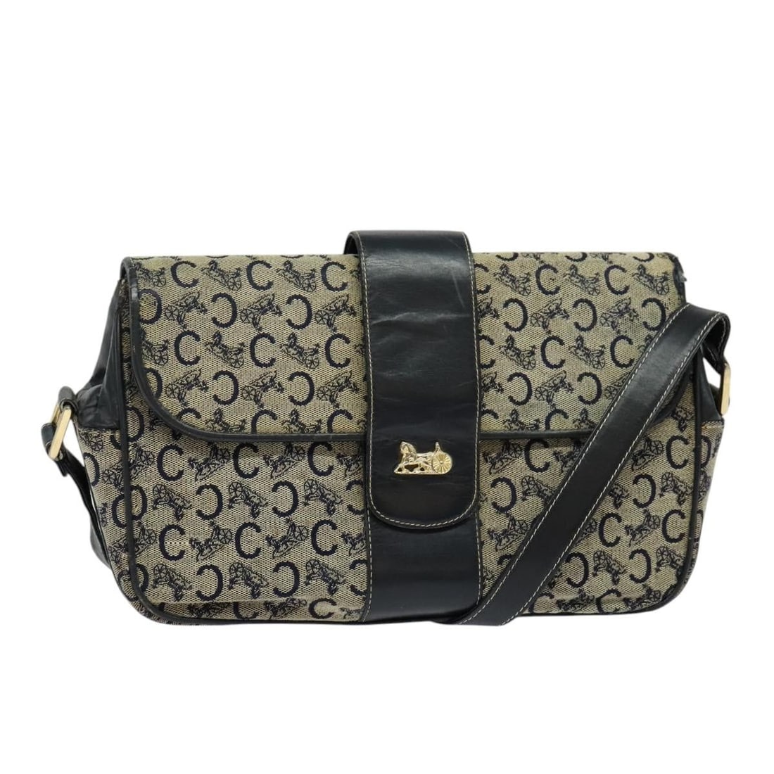 CELINE C Sulky Navy Gold Canvas Shoulder Bag Auth: CELINE C Sulky Navy Gold Canvas Shoulder Bag Auth This CELINE C Sulky Shoulder Bag is a stylish accessory crafted from durable canvas in a sophisticated navy and gold color combination. With approxima