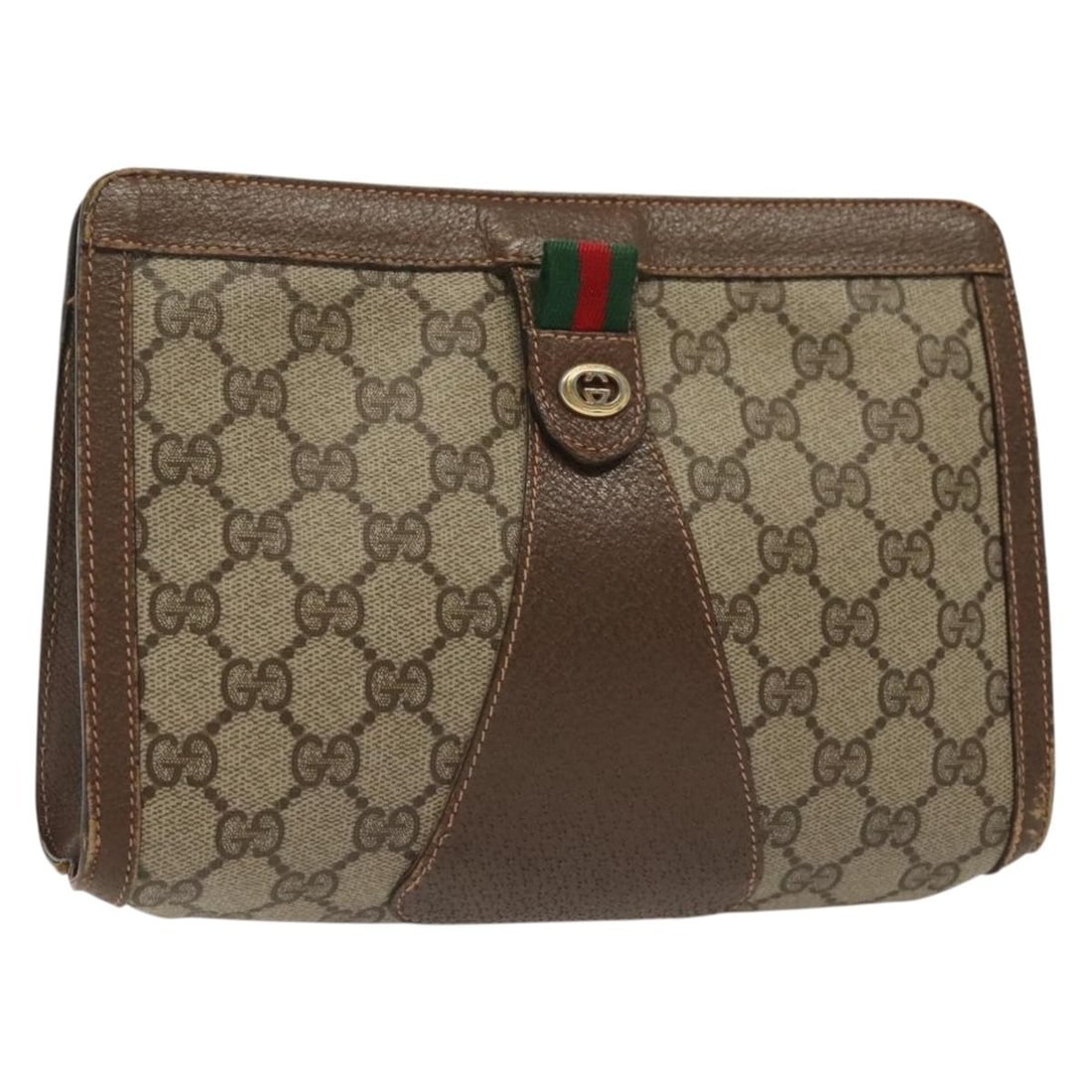 GUCCI GG Supreme Sherry Line Beige Gold Clutch Bag PVC Auth 156 01 032: GUCCI GG Supreme Sherry Line Beige Gold Clutch Bag PVC Auth 156 01 032 Elevate your accessory collection with this authentic GUCCI GG Supreme Web Sherry Line Clutch Bag, meticulously crafted in Italy.