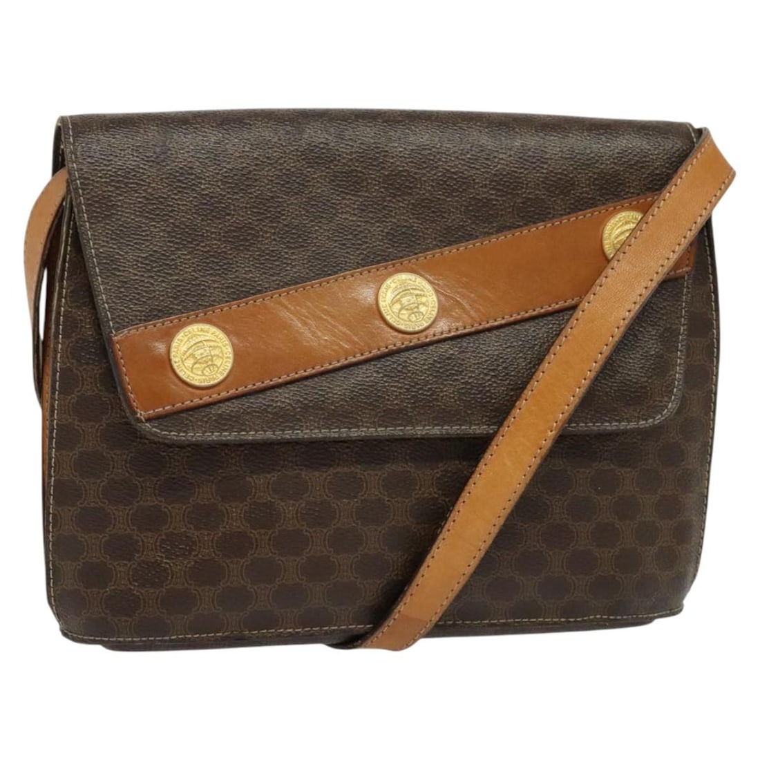 CELINE Macadam Canvas Shoulder Bag PVC Leather Brown Gold Made in Italy (1 of 18)