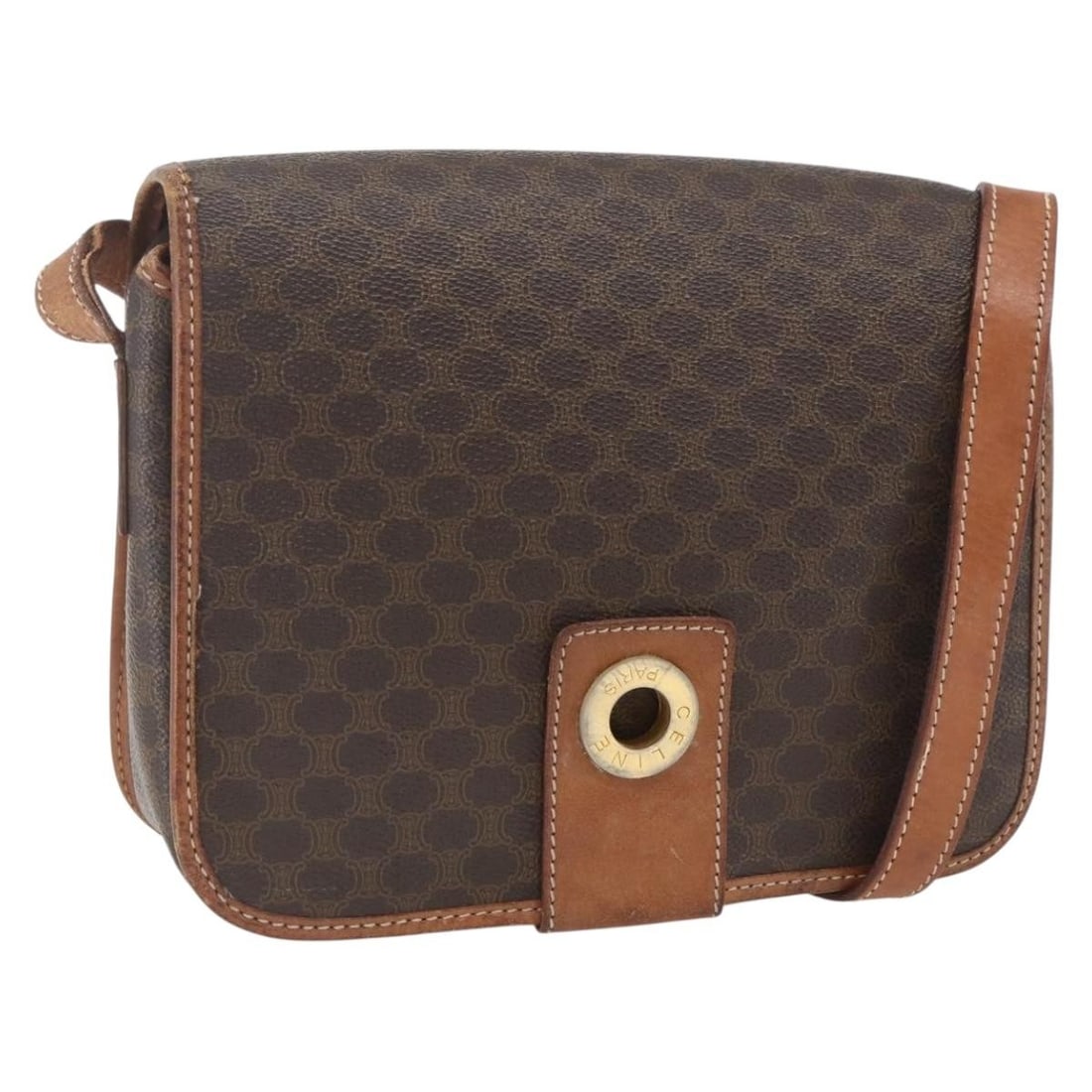 Celine Shoulder Bag Macadam Canvas PVC Leather Brown Gold Tone Italy: Celine Shoulder Bag Macadam Canvas PVC Leather Brown Gold Tone Italy This is an authentic CELINE Macadam Canvas shoulder bag crafted from brown PVC leather with gold-tone accents. Made in Italy, the b