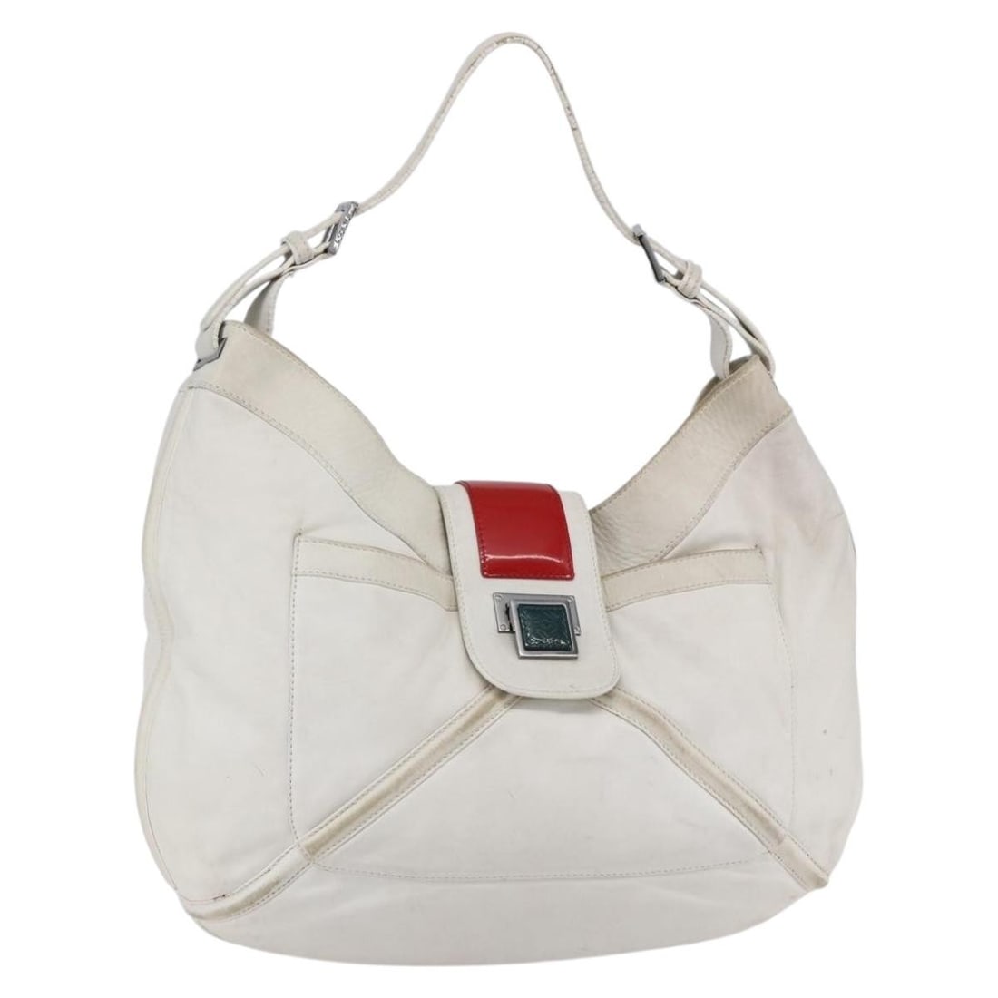 LOEWE White Silver Anagram Shoulder Bag Leather Spain Auth: LOEWE White Silver Anagram Shoulder Bag Leather Spain Auth The LOEWE Anagram Shoulder Bag is a stylish accessory that combines luxury with functionality. Crafted from high-quality leather, this bag fe