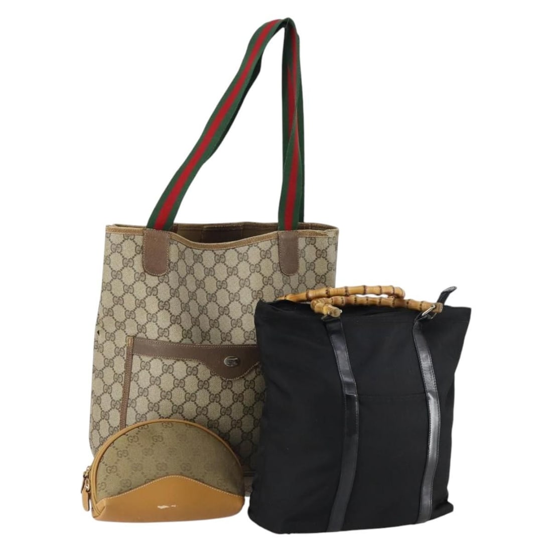 GUCCI GG Supreme Bamboo Web Sherry Line Shoulder Bag Beige Black 3Set Auth: GUCCI GG Supreme Bamboo Web Sherry Line Shoulder Bag Beige Black 3Set Auth Elevate your style with this authentic GUCCI GG Supreme Bamboo Web Sherry Line Bag. Crafted from durable PVC leather and ador