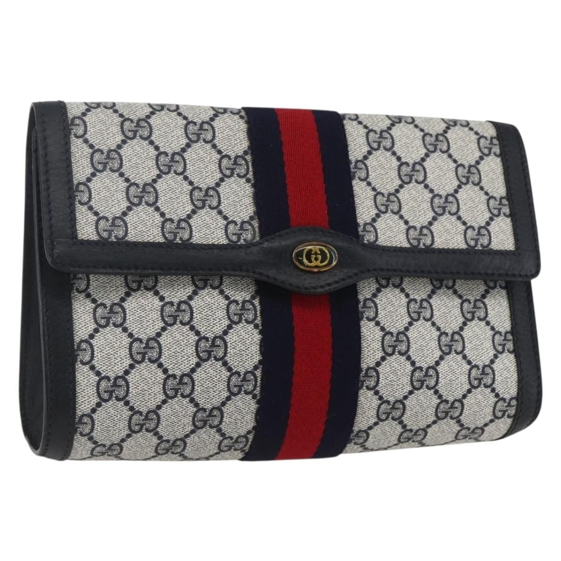 Navy GG Supreme Sherry Line Clutch 89 01 006 by Gucci: Navy GG Supreme Sherry Line Clutch 89 01 006 by Gucci This GUCCI GG Supreme Sherry Line clutch bag features a navy and gold color scheme with PVC leather and GG canvas materials. Designed in a compact