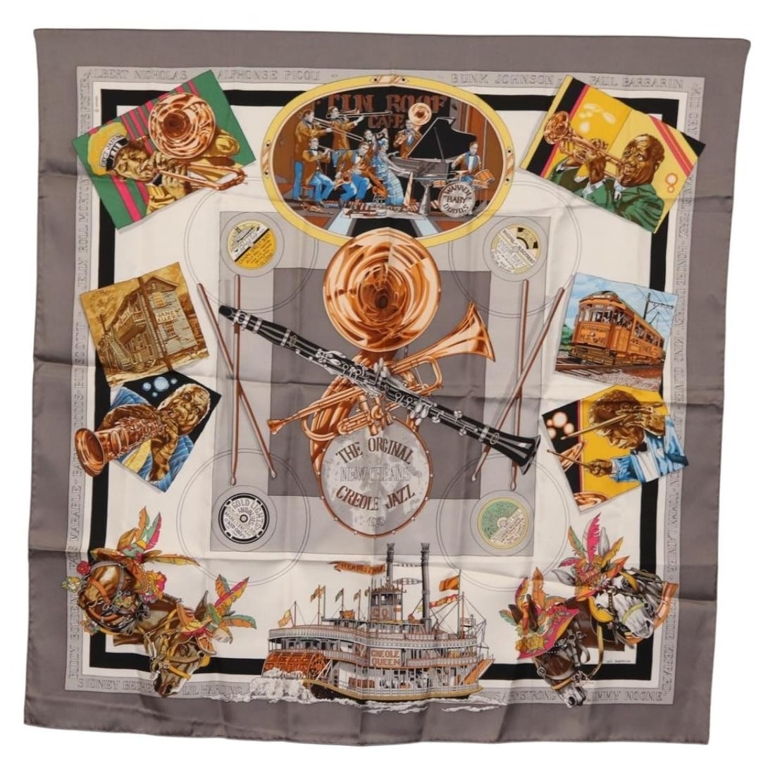Silk Scarf by Hermes New Orleans The Original Creole Jazz 90cm Square: Silk Scarf by Hermes New Orleans The Original Creole Jazz 90cm Square This Hermes Carre 90 scarf features the "New Orleans The Original Creole Jazz" design in gray silk. Crafted in France, it measures