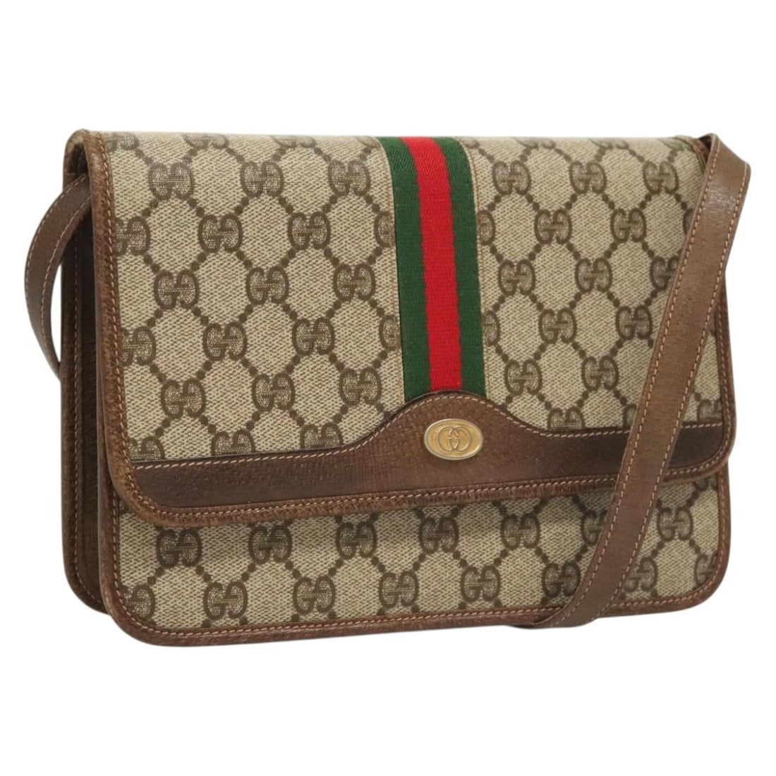 GUCCI GG Supreme Sherry Line Shoulder Bag Beige Gold PVC Italy: GUCCI GG Supreme Sherry Line Shoulder Bag Beige Gold PVC Italy This GUCCI GG Supreme Web Sherry Line Shoulder Bag is crafted from durable PVC leather in a stylish beige and gold combination. With appr