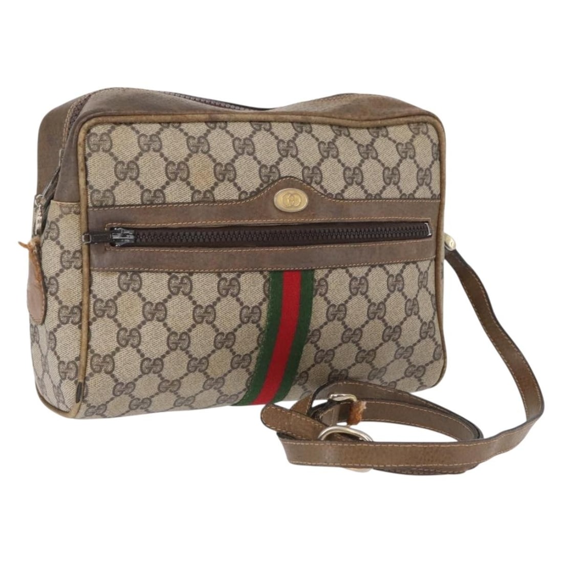 Gucci Beige GG Supreme Web Shoulder Bag PVC Leather Italy Red Gold: Gucci Beige GG Supreme Web Shoulder Bag PVC Leather Italy Red Gold This is a GUCCI GG Supreme Web Sherry Line shoulder bag crafted from PVC leather and GG canvas in beige, gold, and red. The bag featu