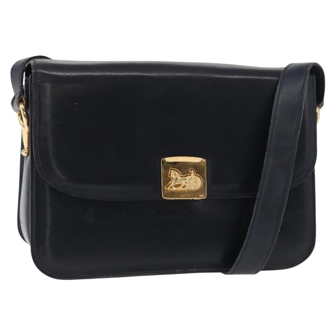CELINE Navy Gold Leather Horse Carriage Shoulder Bag Auth Italy (1 of 18)