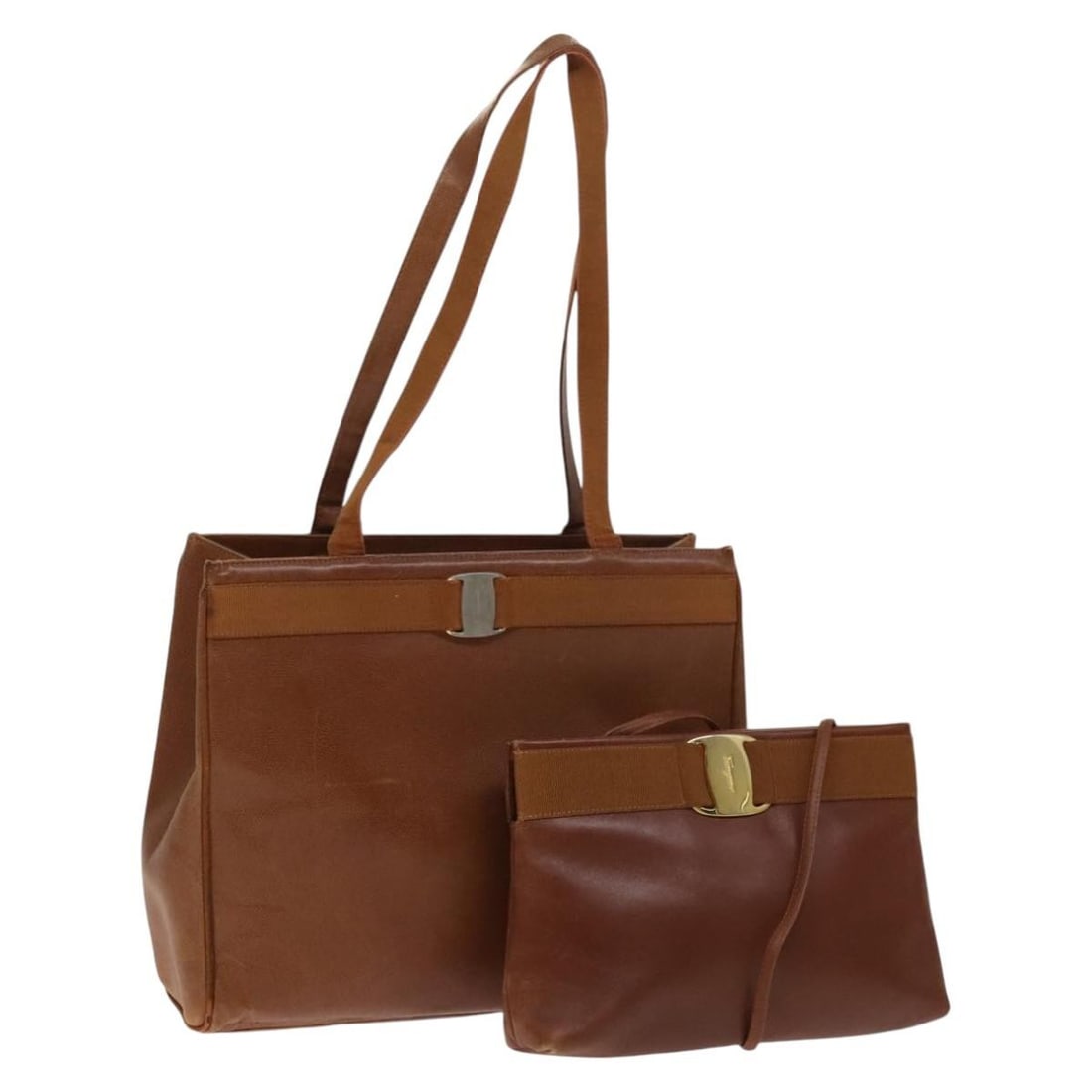 Salvatore Ferragamo Vala Brown Leather Shoulder Bag 2Set Auth (1 of 17)