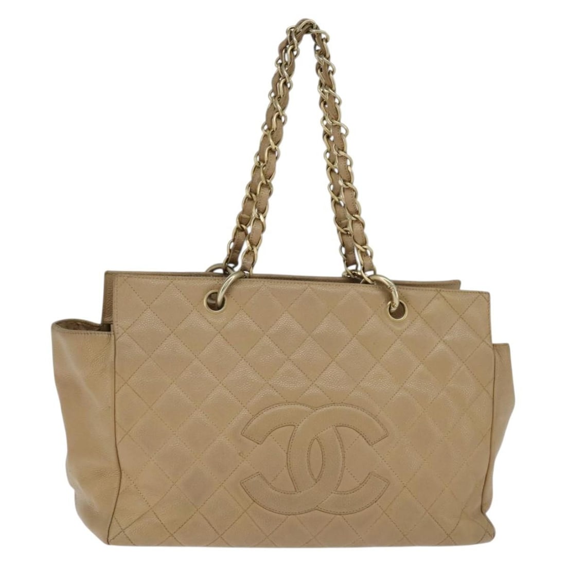 CHANEL Caviar Skin Matelasse Tote Bag Beige Gold CC Italy: CHANEL Caviar Skin Matelasse Tote Bag Beige Gold CC Italy Elevate your style with this CHANEL Matelasse COCO Mark Chain Tote Bag, meticulously crafted in Italy from luxurious grained calfskin. This st