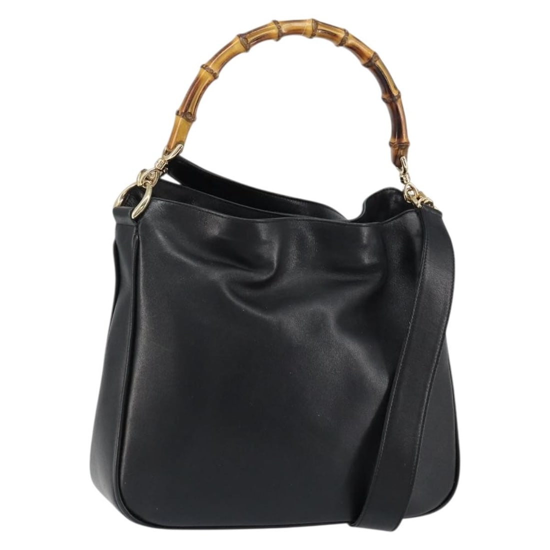GUCCI 001 3166 Bamboo Shoulder Bag Black Gold Leather Auth: GUCCI 001 3166 Bamboo Shoulder Bag Black Gold Leather Auth This authentic GUCCI Bamboo Shoulder Bag is a stylish accessory crafted from high-quality black leather with gold accents. The bag features a