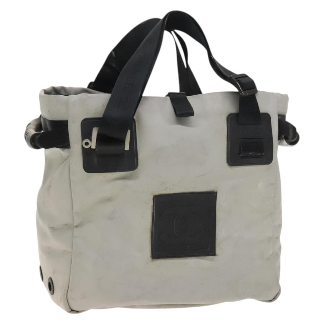 CHANEL Gray Silver Coated Canvas Tote Bag Auth Italy: CHANEL Gray Silver Coated Canvas Tote Bag Auth Italy This exquisite CHANEL Tote Bag combines functionality with elegance, crafted from durable coated canvas in a sophisticated gray and silver color sc