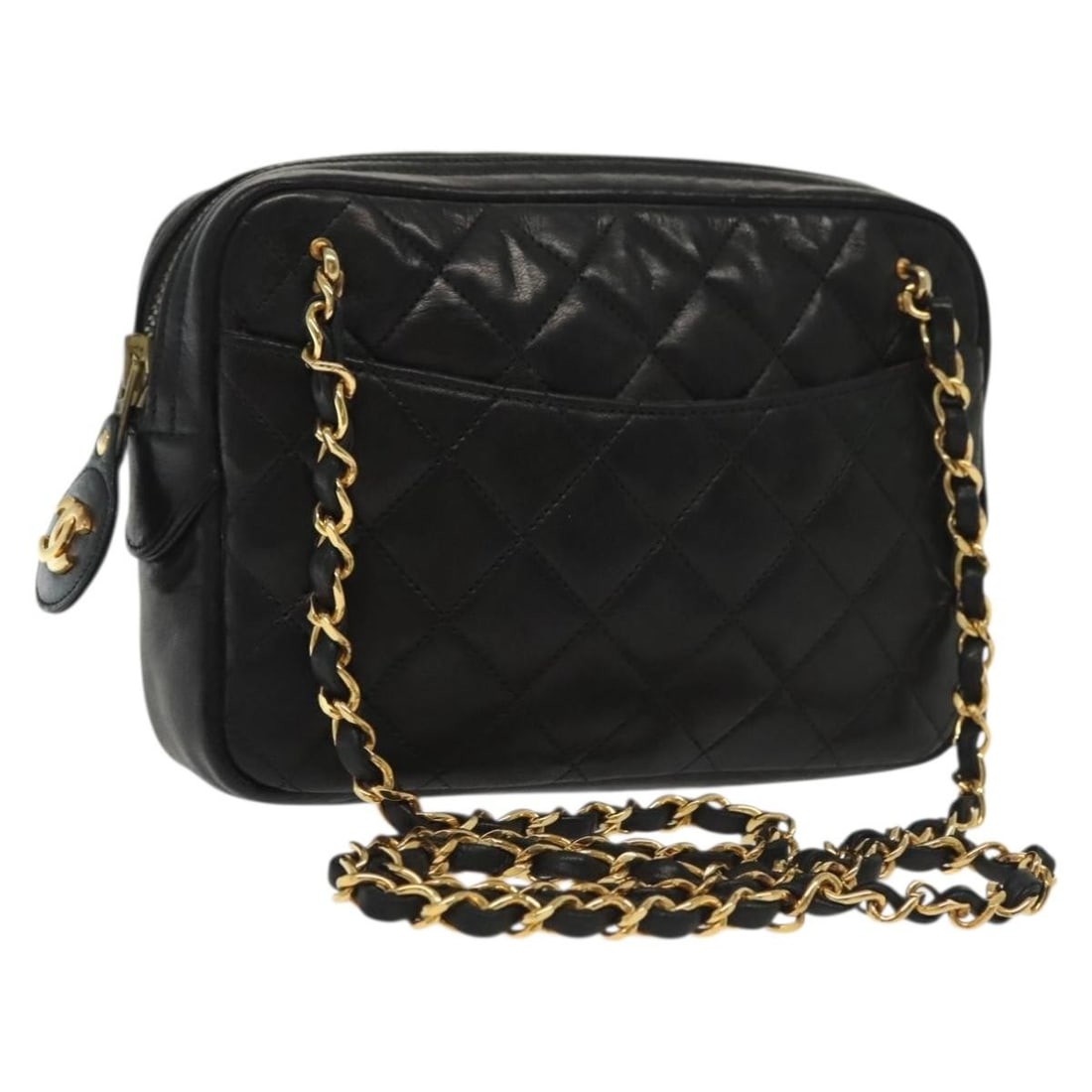 CHANEL Matelasse Chain Shoulder Bag Black Gold Lamb Skin Auth (1 of 18)