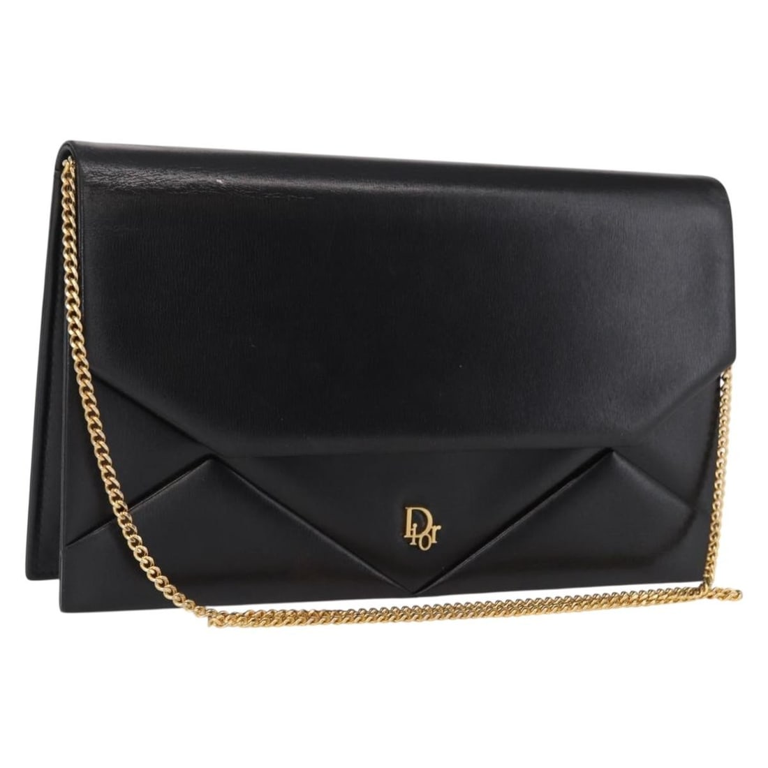 Black Leather Christian Dior Chain Strap Shoulder Bag Gold Accents: Black Leather Christian Dior Chain Strap Shoulder Bag Gold Accents This Christian Dior shoulder bag features black and gold leather with a chain strap. The bag is made in France and has a compact desi