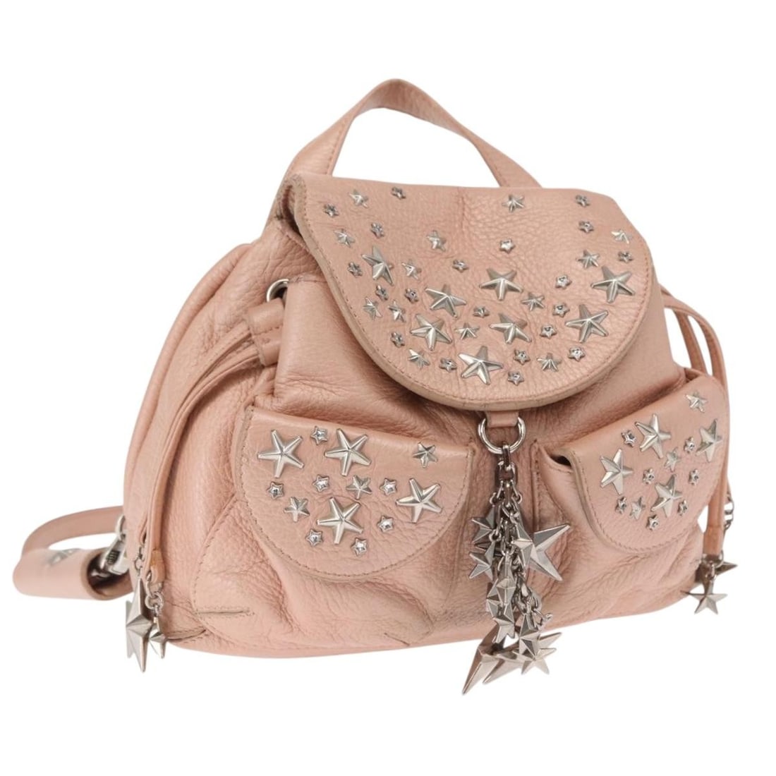 Pink and Silver Leather Jimmy Choo Love Backpack Made in Italy: Pink and Silver Leather Jimmy Choo Love Backpack Made in Italy This Jimmy Choo Love backpack is crafted from leather in a stylish pink and silver color combination. The bag is made in Italy and featur