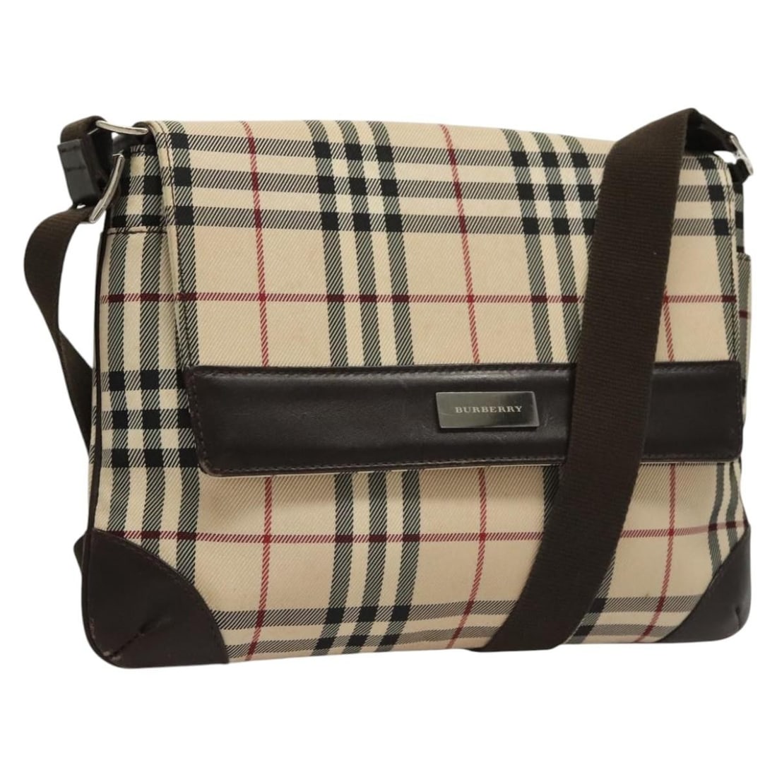 BURBERRY Nova Check Nylon Shoulder Bag Beige Brown Silver Auth (1 of 18)