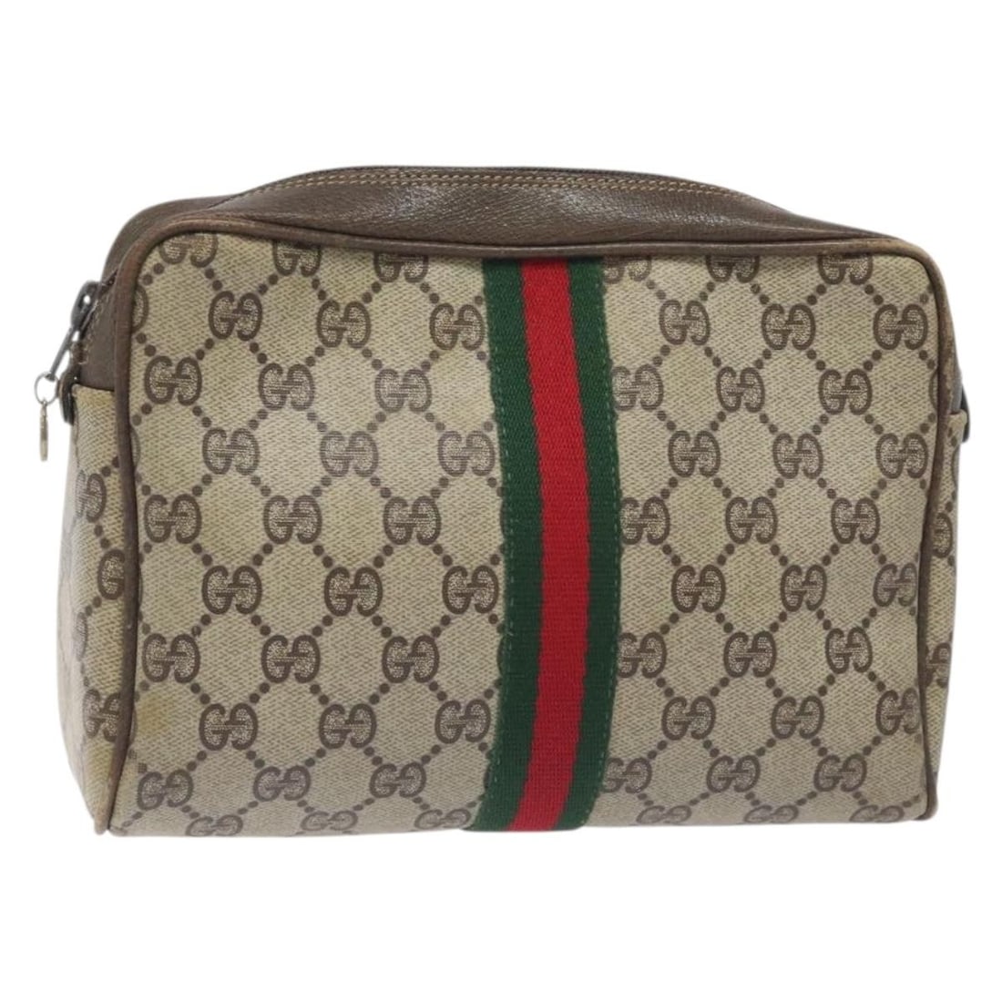 GUCCI GG Supreme Sherry Line Clutch Bag Beige Gold Red PVC: GUCCI GG Supreme Sherry Line Clutch Bag Beige Gold Red PVC This authentic Gucci GG Supreme Web Sherry Line Clutch Bag showcases a chic combination of beige, gold, and red colors in a stylish PVC leath
