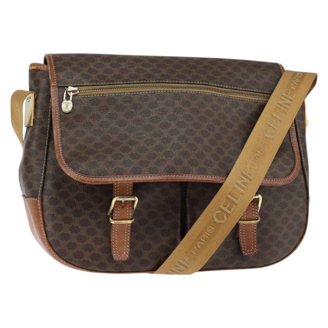 CELINE Macadam Canvas Brown Gold Shoulder Bag Italy Auth: CELINE Macadam Canvas Brown Gold Shoulder Bag Italy Auth Introducing the CELINE Macadam Canvas Shoulder Bag, a stylish accessory crafted in Italy. This bag features a luxurious combination of PVC leat