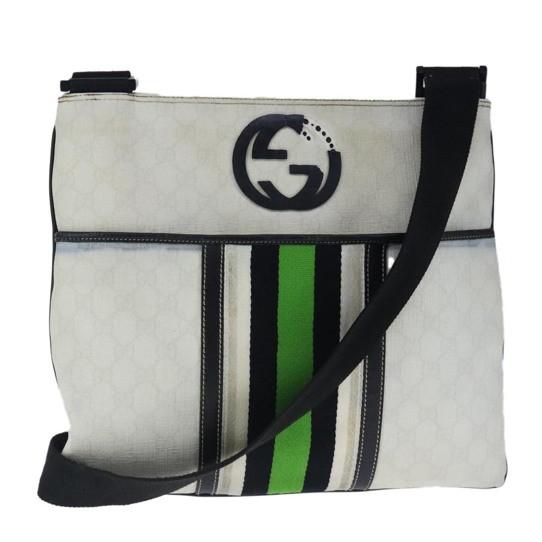 GUCCI GG Supreme Sherry Line Green White Shoulder Bag PVC Auth 181067: GUCCI GG Supreme Sherry Line Green White Shoulder Bag PVC Auth 181067 This authentic GUCCI GG Supreme Sherry Line Shoulder Bag combines functionality with luxury, crafted from durable PVC leather in a