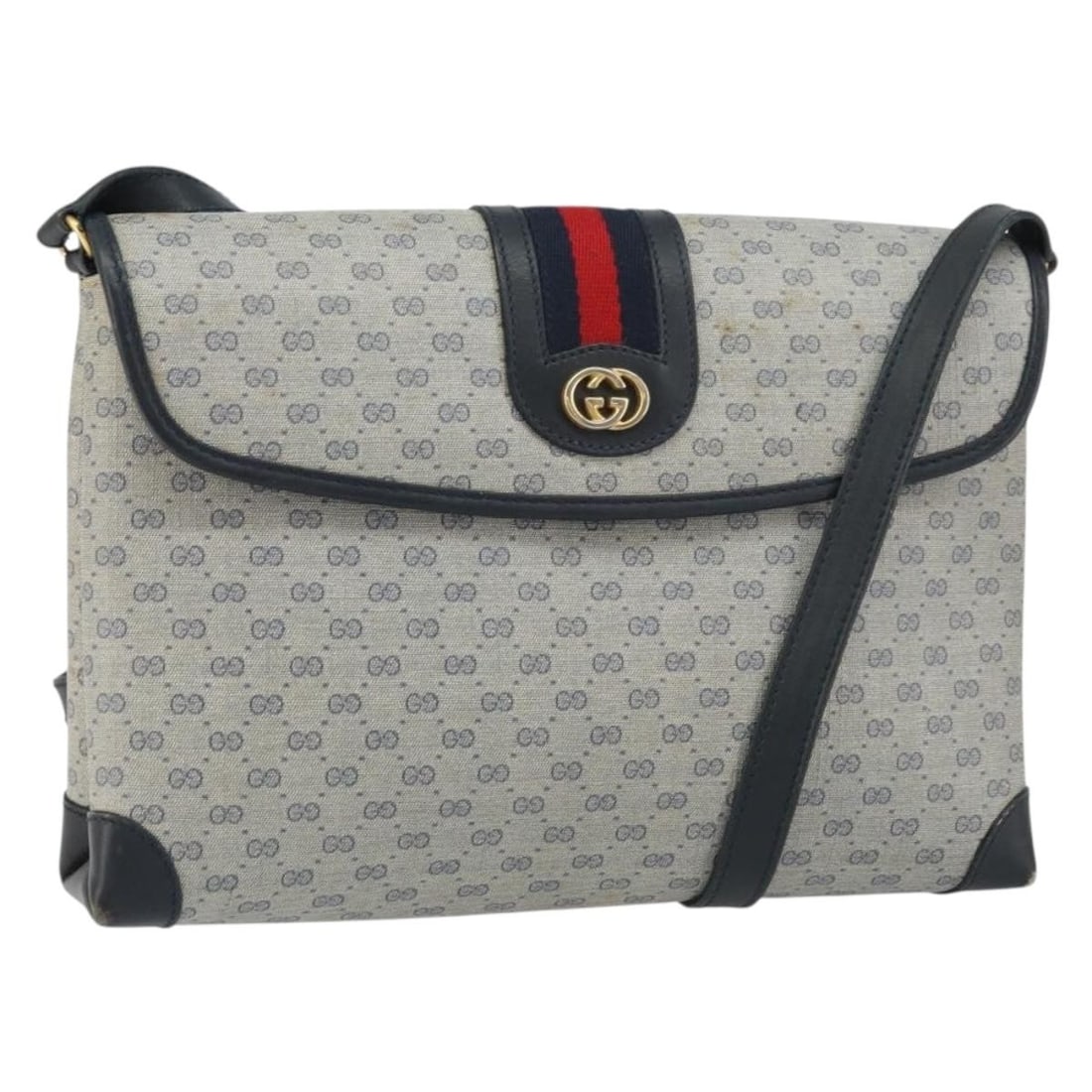 Gucci Micro GG Supreme Navy Shoulder Bag 001 14 5364 PVC Leather: Gucci Micro GG Supreme Navy Shoulder Bag 001 14 5364 PVC Leather This is a Gucci Micro GG Supreme Sherry Line shoulder bag crafted in Italy from PVC leather and micro small GG canvas in a navy and gol