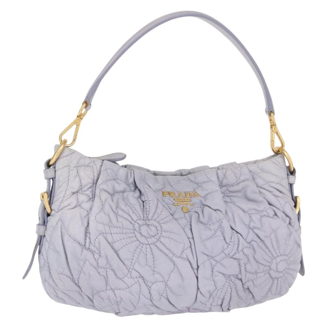PRADA Quilted Leather Flower Shoulder Bag Gold and Lavender Italy: PRADA Quilted Leather Flower Shoulder Bag Gold and Lavender Italy This PRADA Flower Quilted Shoulder Bag features a distinctive gold and lavender leather exterior. The bag is customized with repaintin