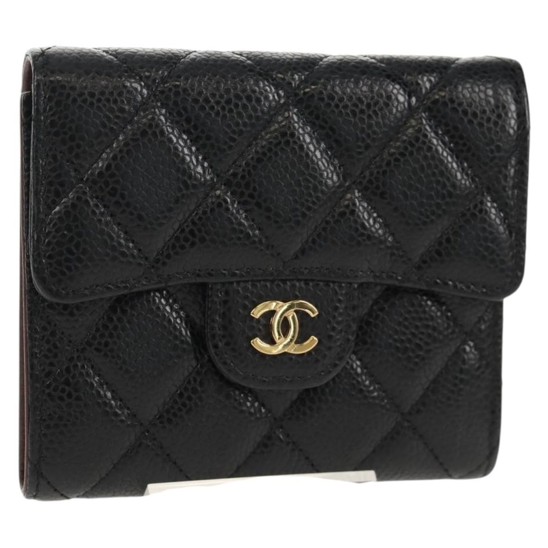 Black Caviar Leather Matelasse Compact Wallet by CHANEL with CC Logo: Black Caviar Leather Matelasse Compact Wallet by CHANEL with CC Logo This CHANEL Matelasse compact wallet is crafted from black grained caviar calfskin and features the classic CC logo. The wallet is