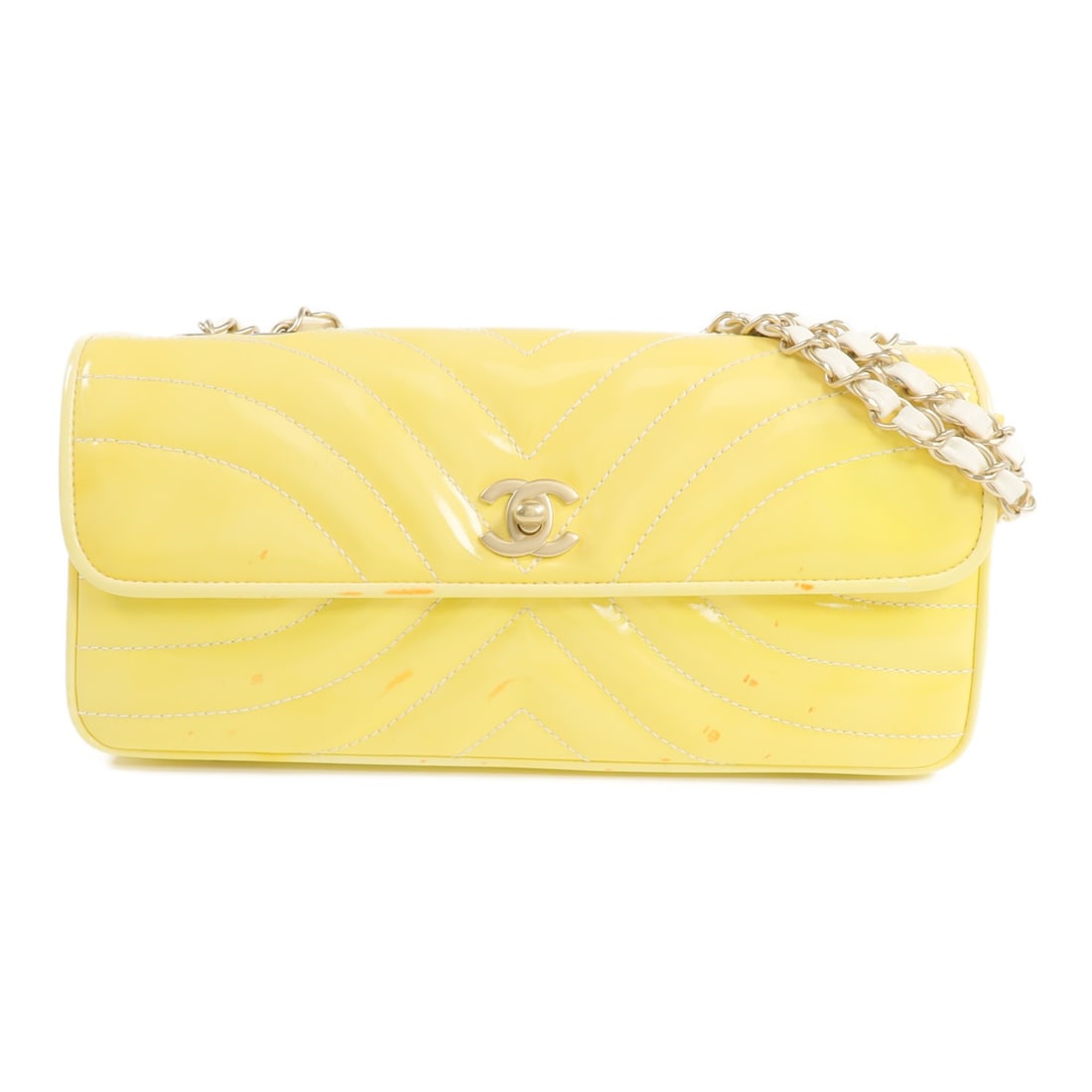 Yellow Patent Leather CHANEL Shoulder Bag with CC Logo and Chain Strap (1 of 18)