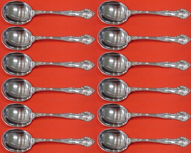 Gorham English Gadroon Sterling Silver Cream Soup Spoon Set 12 Pieces: Gorham English Gadroon Sterling Silver Cream Soup Spoon Set 12 Pieces Enhance your dining experience with this exquisite 12-piece set of English Gadroon cream soup spoons crafted by Gorham. Each spoon