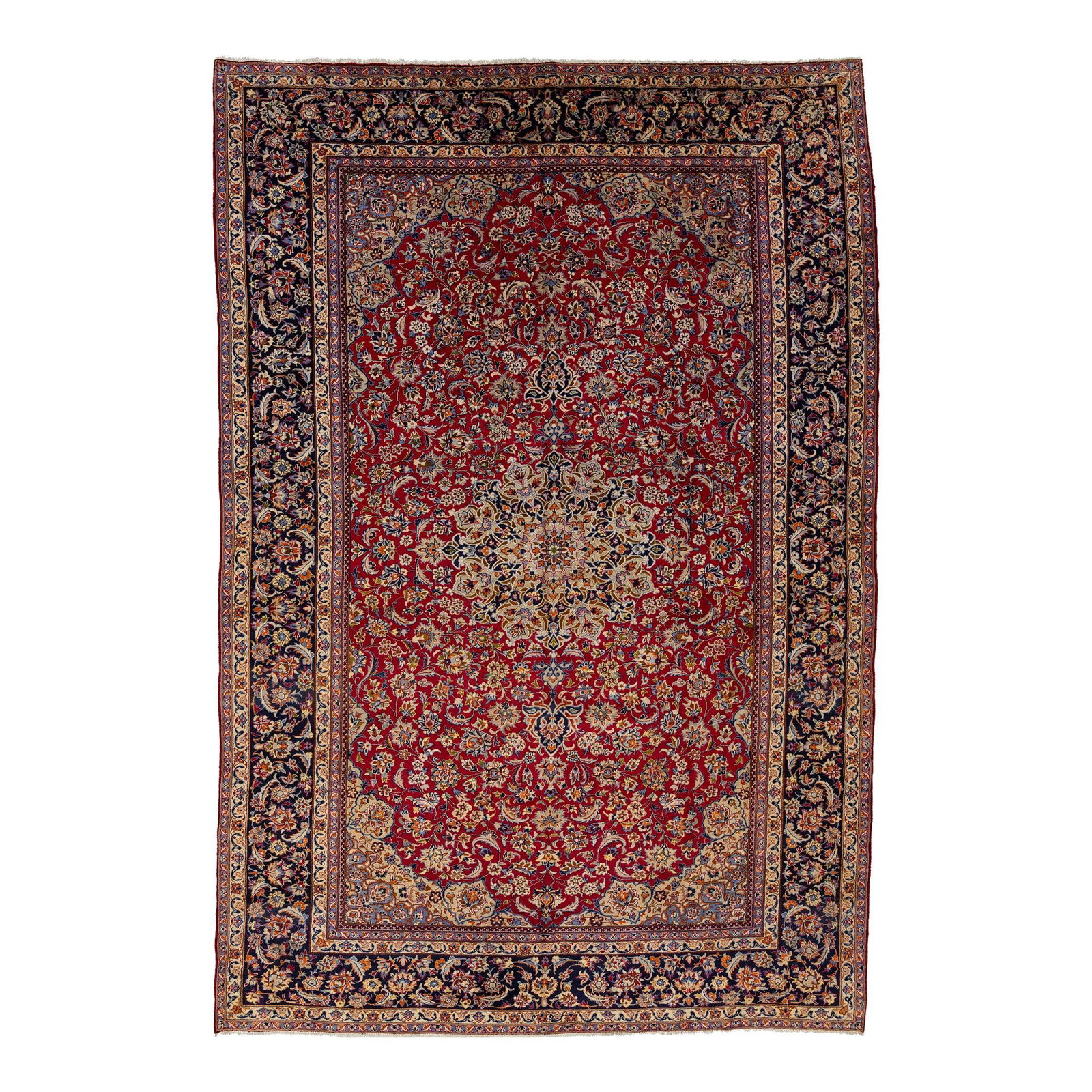 Handmade Vintage Persian Kashan Wool Rug 10'10" x 16' Rosette Design: Handmade Vintage Persian Kashan Wool Rug 10'10" x 16' Rosette Design This exquisite hand-knotted Persian Kashan rug showcases a vibrant red field beautifully framed by a rich navy blue border. The int