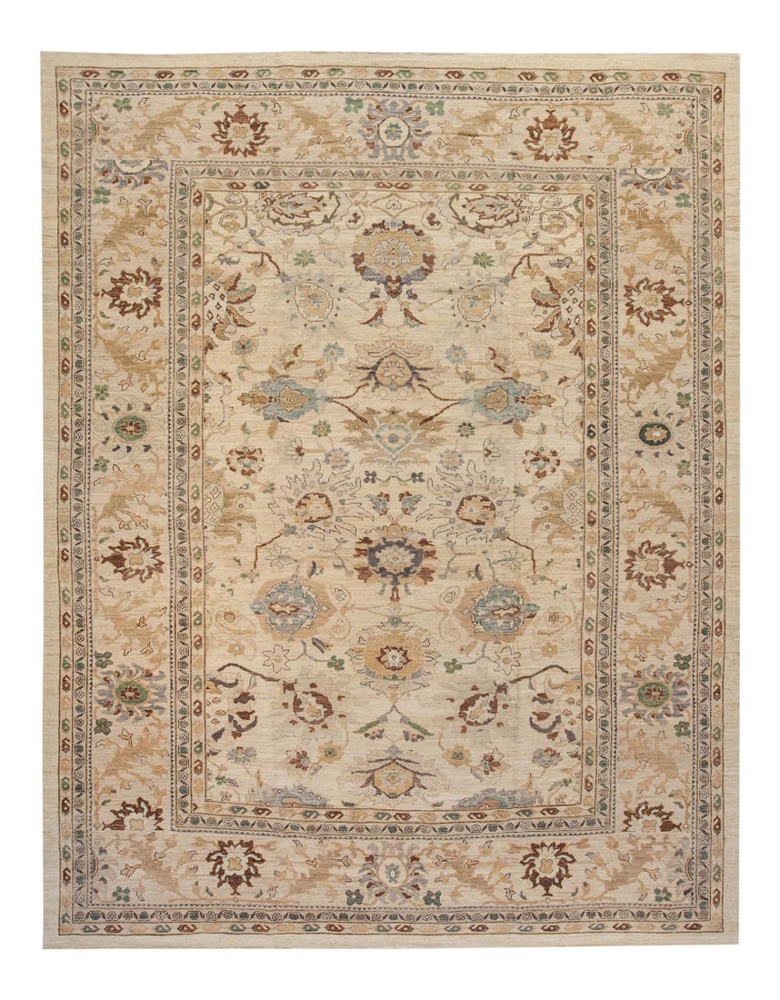 21st Century Handmade Sultanabad Beige Wool Rug Floral Motif 12'3 x 15'8: 21st Century Handmade Sultanabad Beige Wool Rug Floral Motif 12'3 x 15'8 This exquisite 21st Century Sultanabad handmade Persian wool rug features a soft beige color field adorned with a stunning all-