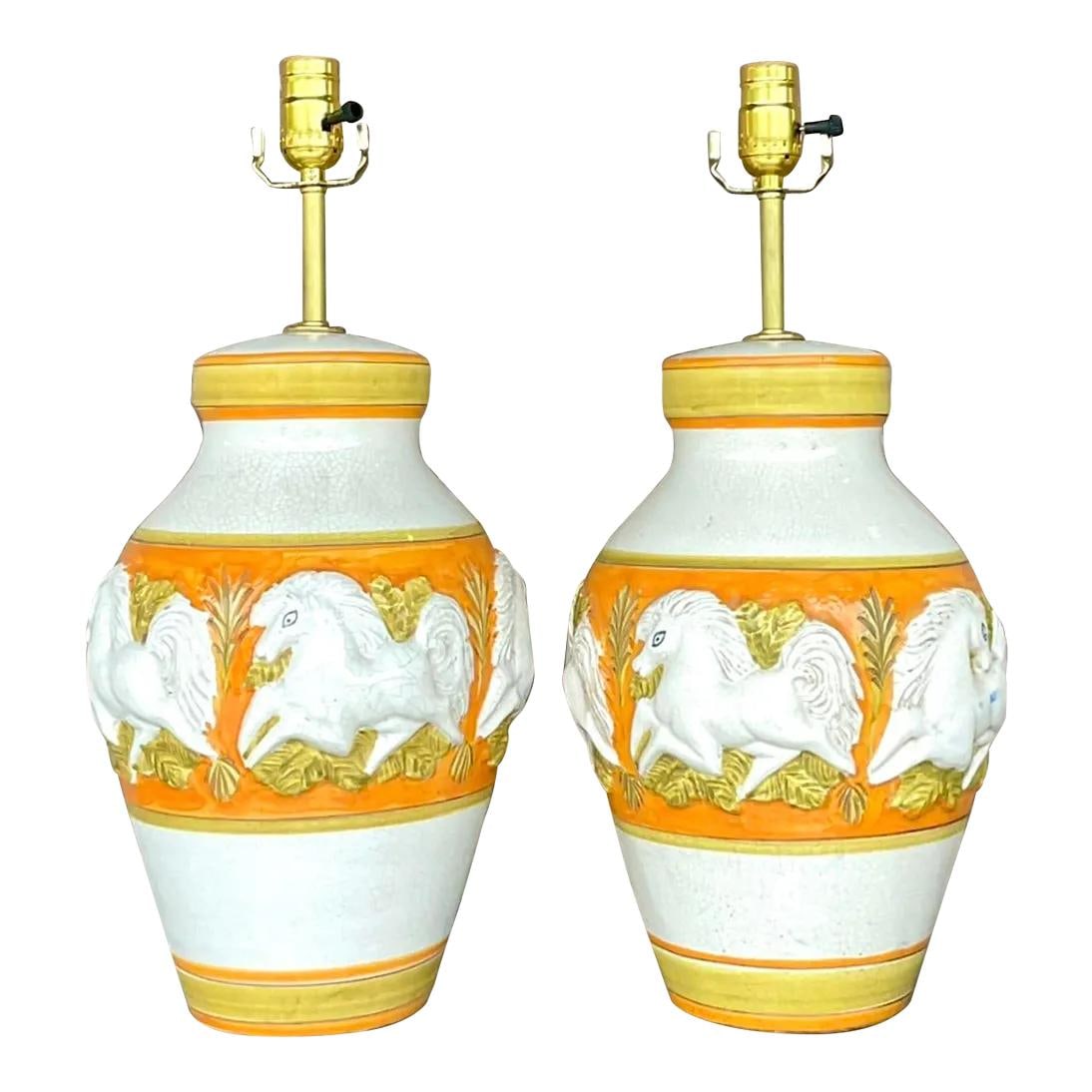 Pair of Vintage Mid-Century Modern Ceramic Prancing Horse Lamps: Pair of Vintage Mid-Century Modern Ceramic Prancing Horse Lamps This exquisite pair of vintage Mid-Century Modern table lamps features a stunning hand-painted design of prancing horses in vibrant colo