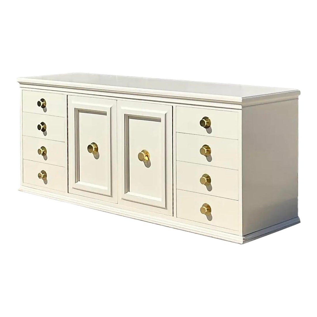 Vintage American of Martinsville White Credenza with Brass Knobs: Vintage American of Martinsville White Credenza with Brass Knobs Enhance your living space with this stunning Vintage American of Martinsville Credenza. This iconic piece, crafted by the renowned Amer