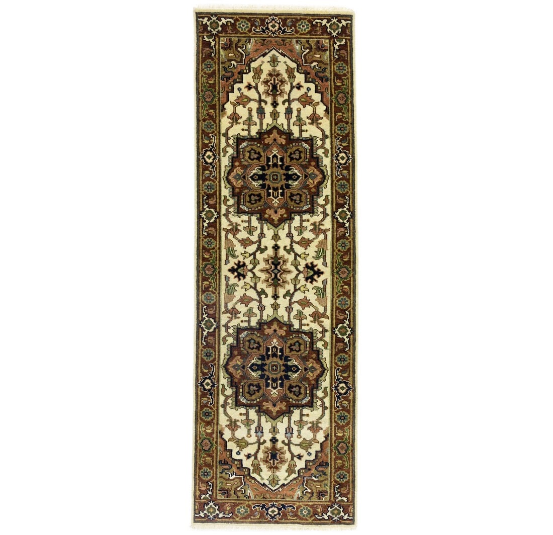 Geometric Wool Runner Rug Hand-Knotted Serapi Heriz Style 2'6 x 7'9: Geometric Wool Runner Rug Hand-Knotted Serapi Heriz Style 2'6 x 7'9 This hand-knotted Heriz Serapi oriental runner rug features a striking geometric pattern in a palette of cream, rust, dark navy, pea