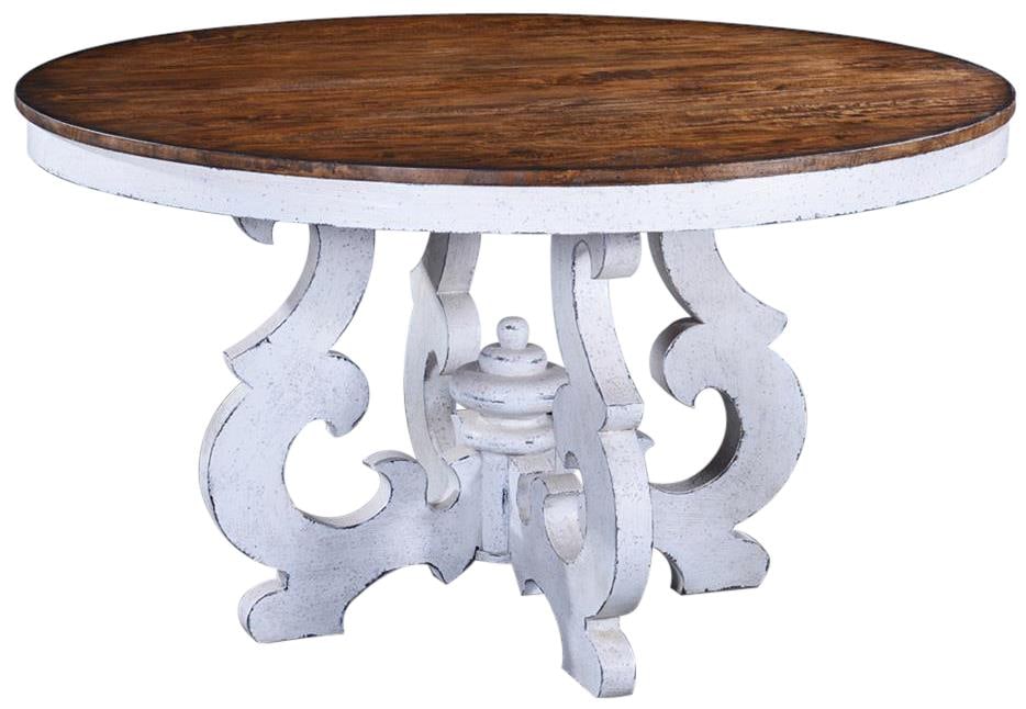 Cambridge Rustic Pecan Round Table with Ornate Pedestal 54-In: Cambridge Rustic Pecan Round Table with Ornate Pedestal 54-In This Rustic Pecan Top Round Table showcases an elegant antique or vintage style, perfect for complementing any dining space. Crafted from
