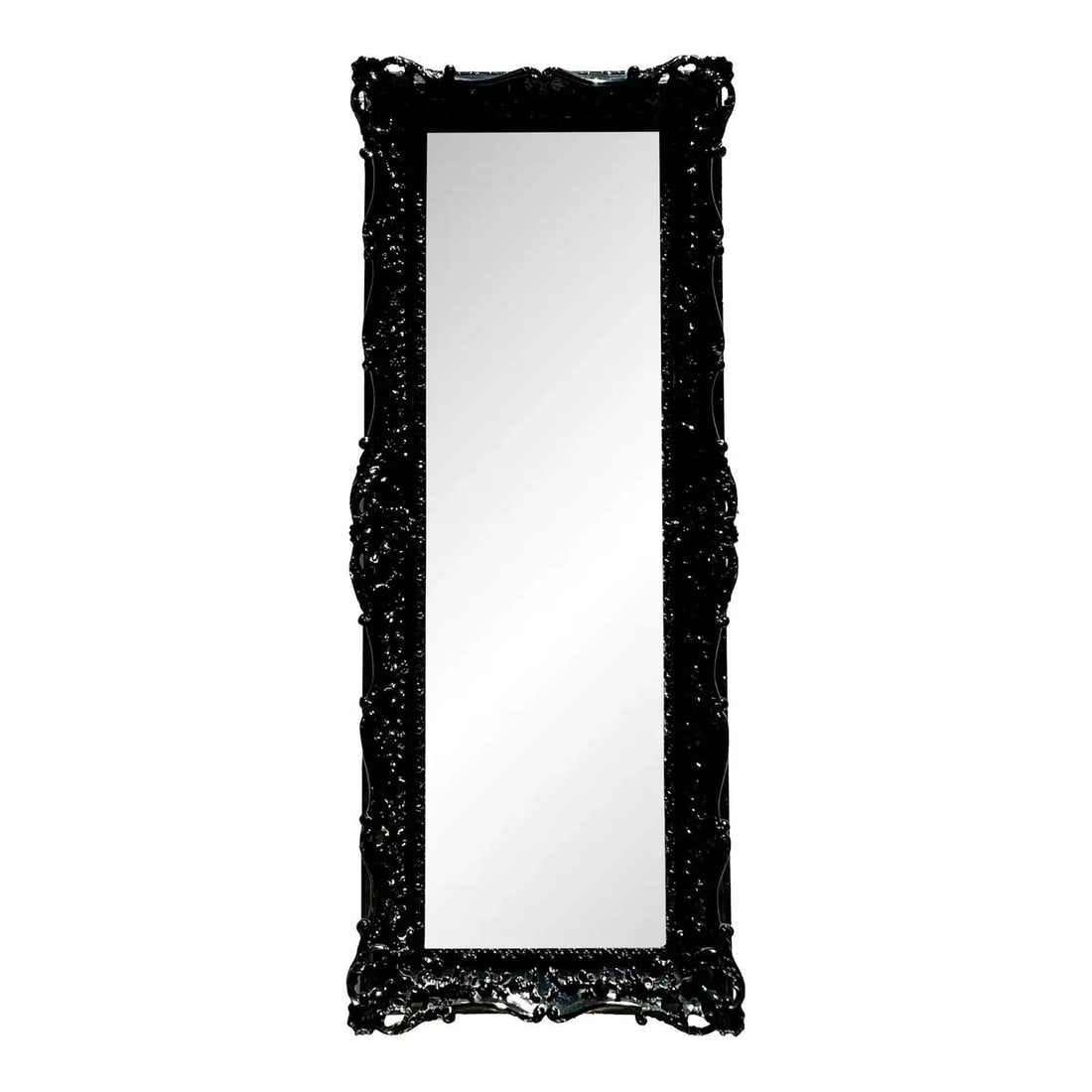Vintage Black Lacquer Rococo Tall Mirror 70.25" with Floral Carvings (1 of 10)