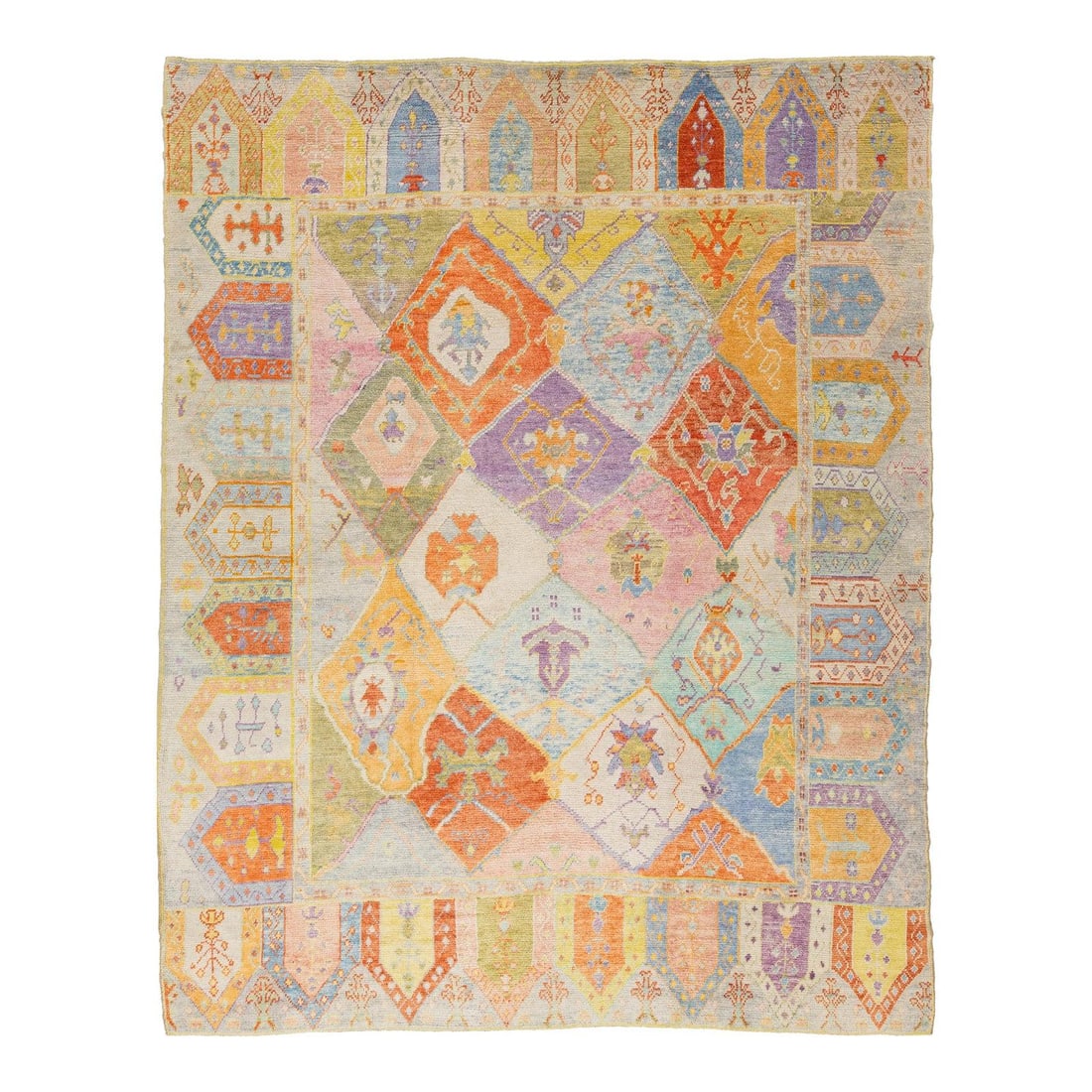 Vibrant Modern Oushak Handmade Wool Rug 10'6 x 13'2 Geometric Design: Vibrant Modern Oushak Handmade Wool Rug 10'6 x 13'2 Geometric Design Enhance your living space with this stunning Modern Oushak Handmade Wool Rug. Meticulously hand-knotted from soft wool, it showcase