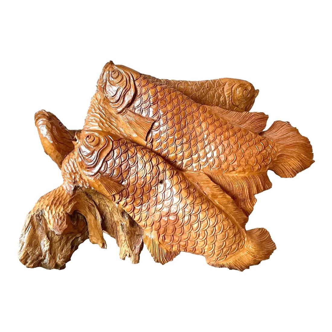 Hand-Carved Wood Koi Fish Sculpture From Tree Trunk 23" Vintage Bohemian Art (1 of 8)