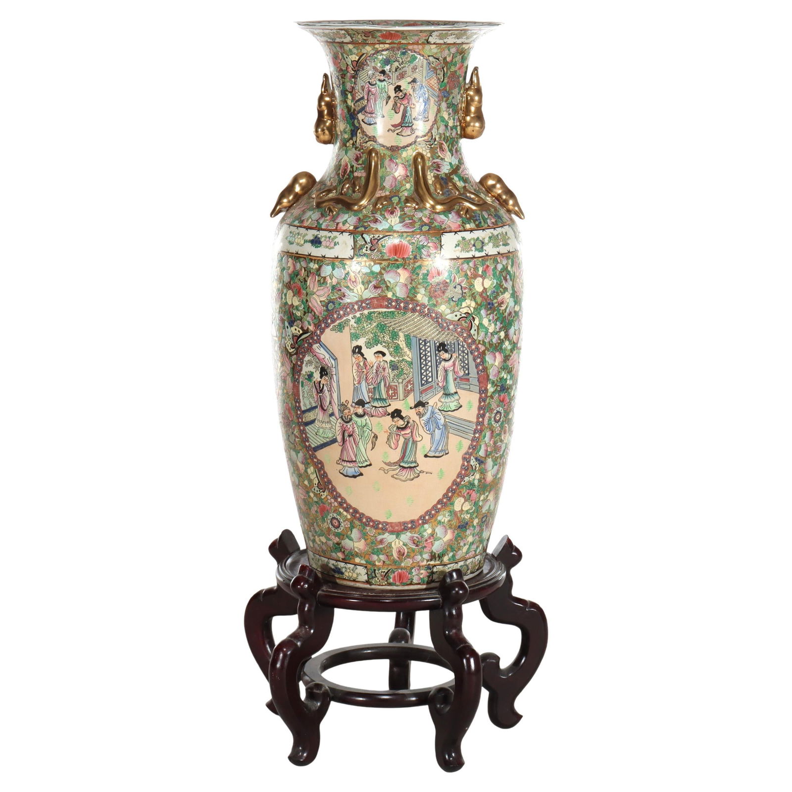 48.5 Inch Chinese Rose Medallion Porcelain Vase on Carved Wood Base 20th Century: 48.5 Inch Chinese Rose Medallion Porcelain Vase on Carved Wood Base 20th Century This monumental vintage Chinese Rose Medallion vase is a 20th-century porcelain piece featuring hand-painted scenes of