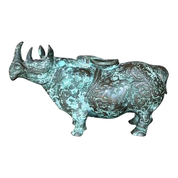 Vintage Asian Bronze Temple Rhino Sculpture 12in Art Decor (1 of 9)