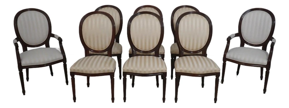 Eight Mahogany Louis XV Style Oval Back Dining Chairs Model 7950 Set of 8: Eight Mahogany Louis XV Style Oval Back Dining Chairs Model 7950 Set of 8 This set includes eight Stickley dining chairs in the French Louis XV style, crafted from fine mahogany with high quality cons