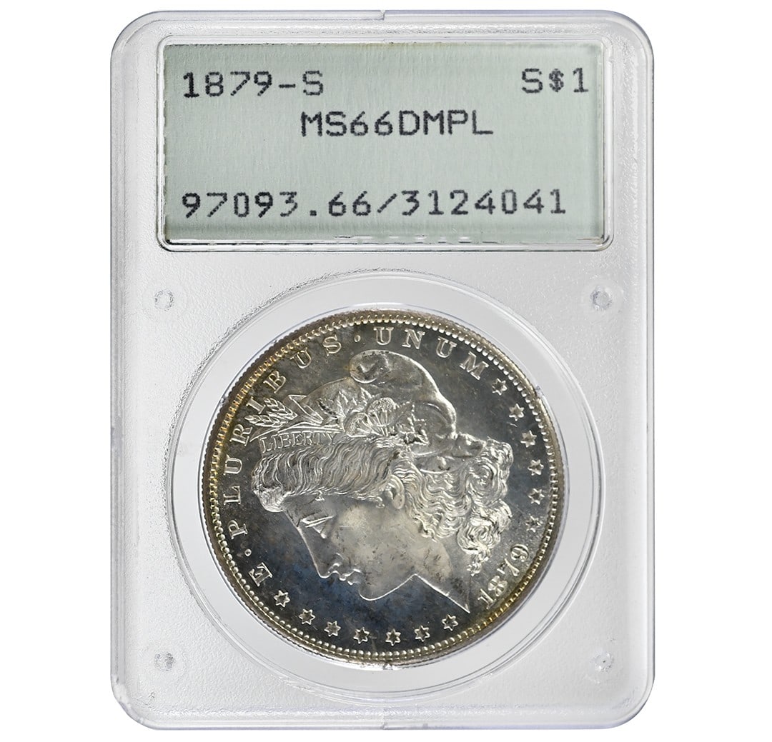 PCGS MS66DMPL 1879 San Francisco Morgan Dollar Silver Coin: PCGS MS66DMPL 1879 San Francisco Morgan Dollar Silver Coin This 1879-S Morgan Dollar is a rare, uncirculated coin certified by PCGS as MS66DMPL. Minted in San Francisco, it features deep mirror proof-