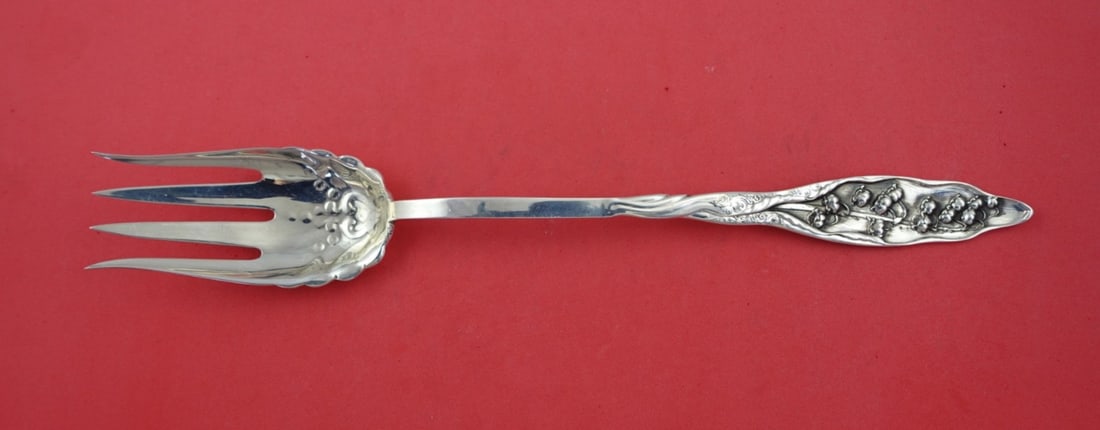 Whiting Sterling Silver 12 Inch Lily of the Valley Salad Serving Fork: Whiting Sterling Silver 12 Inch Lily of the Valley Salad Serving Fork This exquisite serving fork, part of the "Lily of the Valley" pattern by Whiting, showcases a stunning design featuring multi-moti