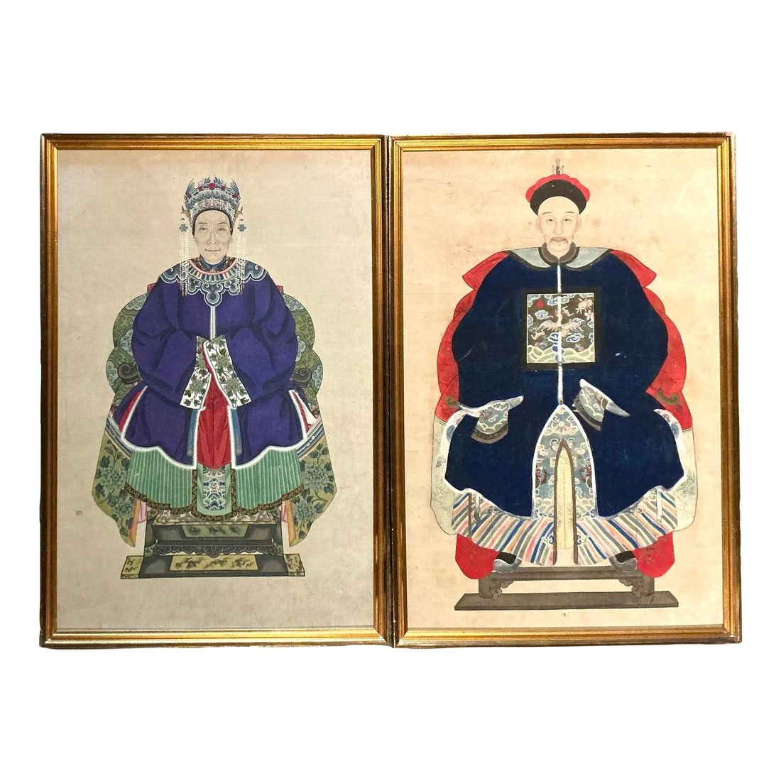 Pair of 19th Century Chinese Ancestor Gouache Portraits Framed Set of 2: Pair of 19th Century Chinese Ancestor Gouache Portraits Framed Set of 2 This pair of late 19th-century Chinese ancestor portraits is rendered in vivid gouache and ink on paper, depicting dignified fig