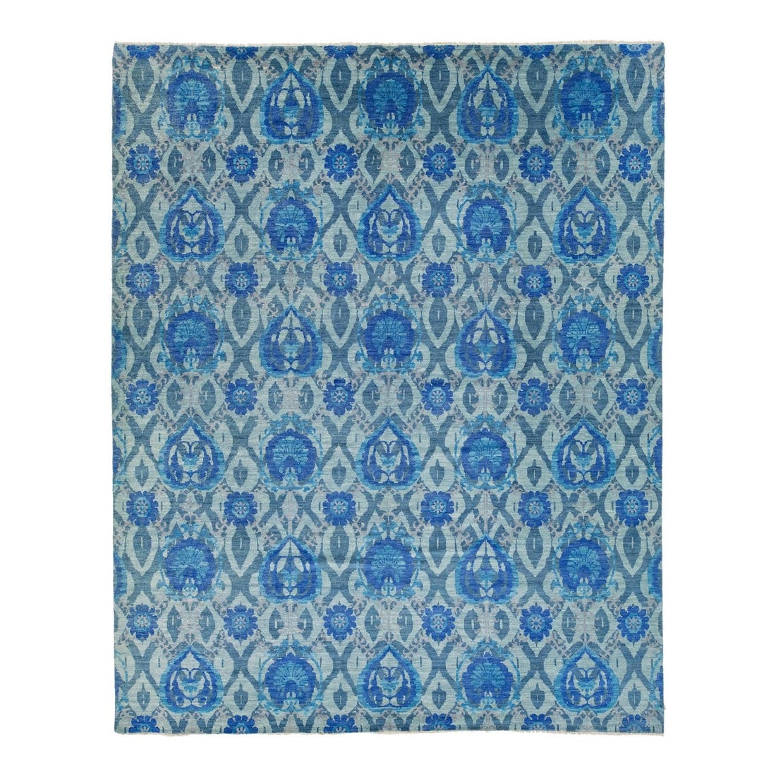 Hand-Knotted Contemporary Ikat Wool Rug 12'1 x 15' Green Blue Design: Hand-Knotted Contemporary Ikat Wool Rug 12'1 x 15' Green Blue Design Enhance your modern decor with this exquisite hand-knotted Ikat wool rug. Featuring a captivating green and blue color scheme, this