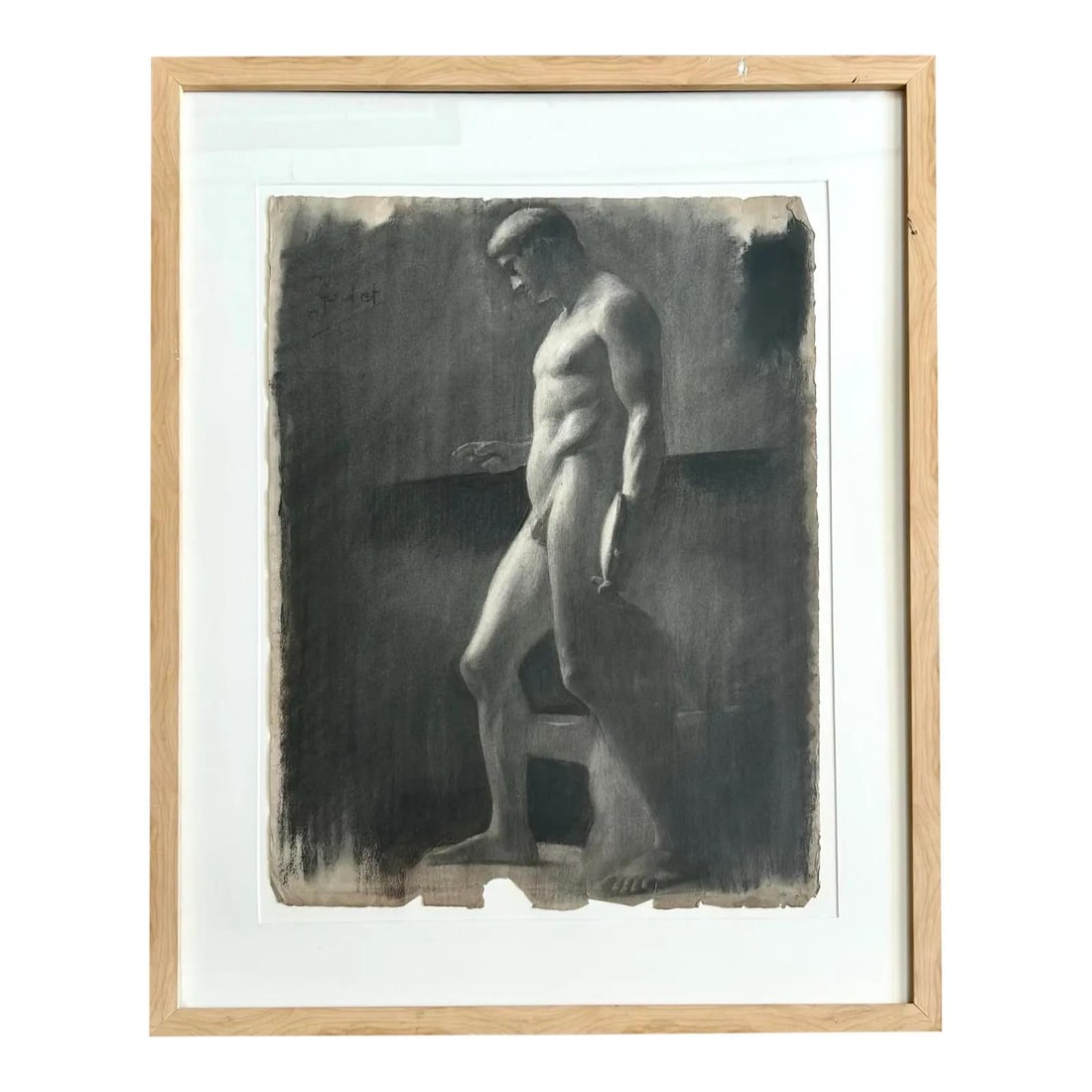 Vintage Charcoal Nude Drawing of Man on Paper: Vintage Charcoal Nude Drawing of Man on Paper This vintage charcoal drawing features a male nude in a moment of quiet introspection. Rendered with classical precision, the artwork showcases the artist